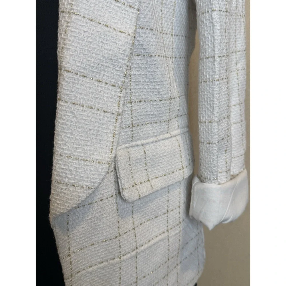 Y2K Classic Lapel Neck Tweed Blazer Size M Ivory/Off White Gold Accent Shein EUC
